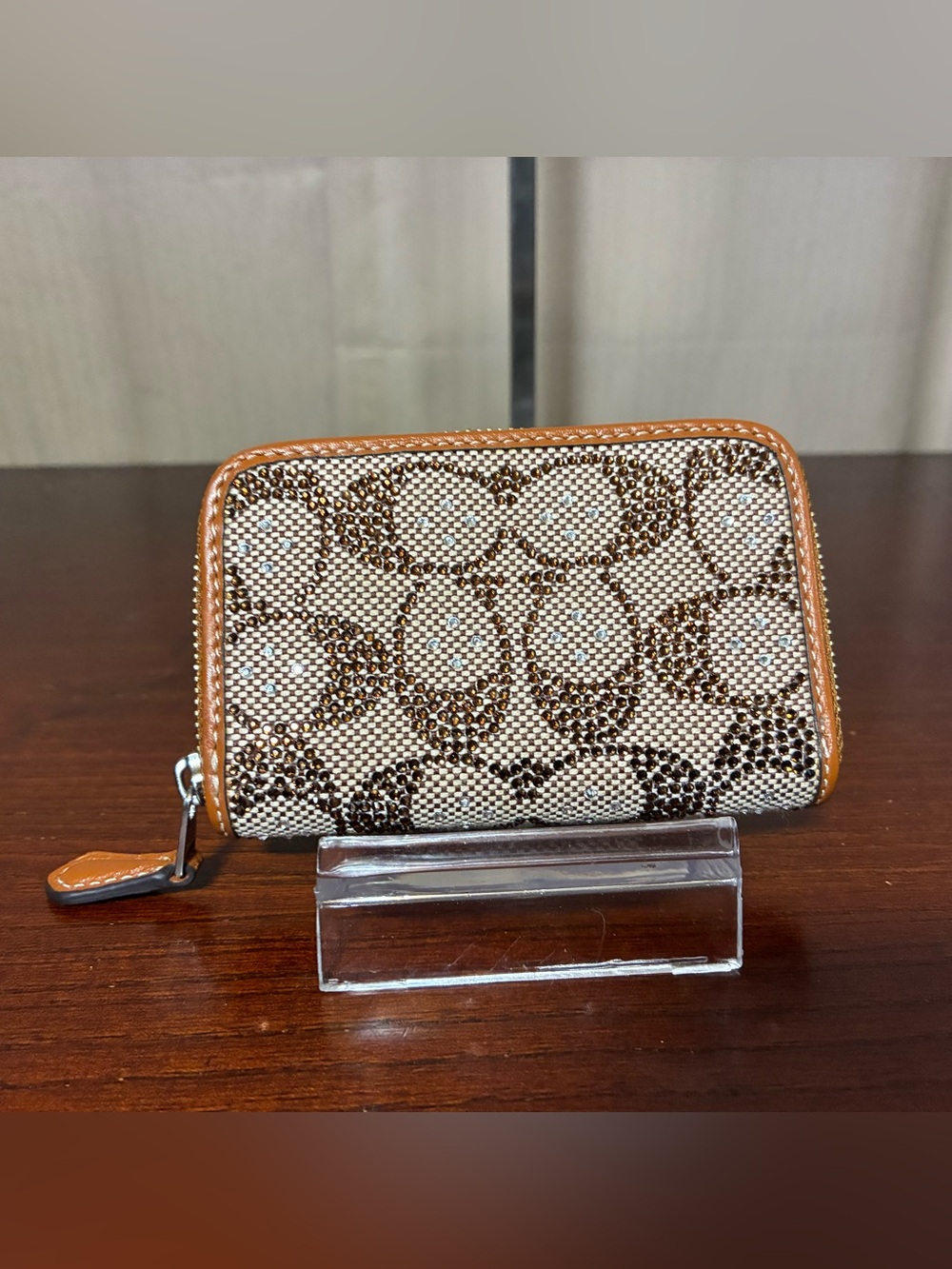 Coach Signature Canvas Zip Card Case in Khaki and Saddle